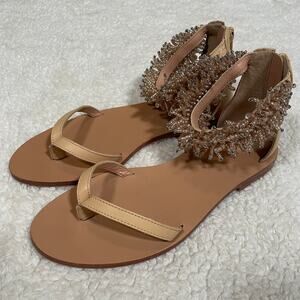 Ulla Johnson Imade Beaded Sandals RARE Flats Beige Thong Boho Fringe Strap‎ 6